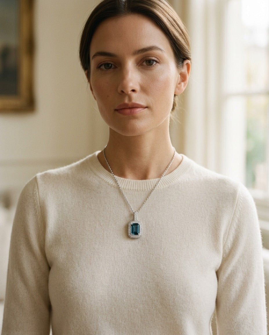 London Blue Topaz & Diamond 1/6ctw Pendant Set in 14k White Gold with Chain — portrait close