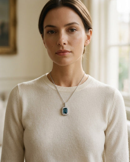 London Blue Topaz & Diamond 1/6ctw Pendant Set in 14k White Gold with Chain — portrait close