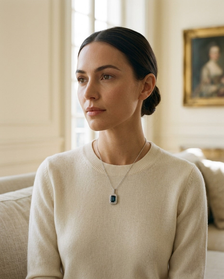 London Blue Topaz & Diamond 1/6ctw Pendant Set in 14k White Gold with Chain — portrait full