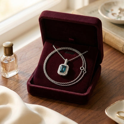 London Blue Topaz & Diamond 1/6ctw Pendant Set in 14k White Gold with Chain — velvet box