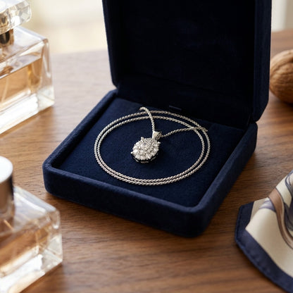 Diamond Oval Cluster Solitaire Pendant in 14k White Gold 3/8ctw with Adjustable Chain 16-17-18 Inch — velvet box
