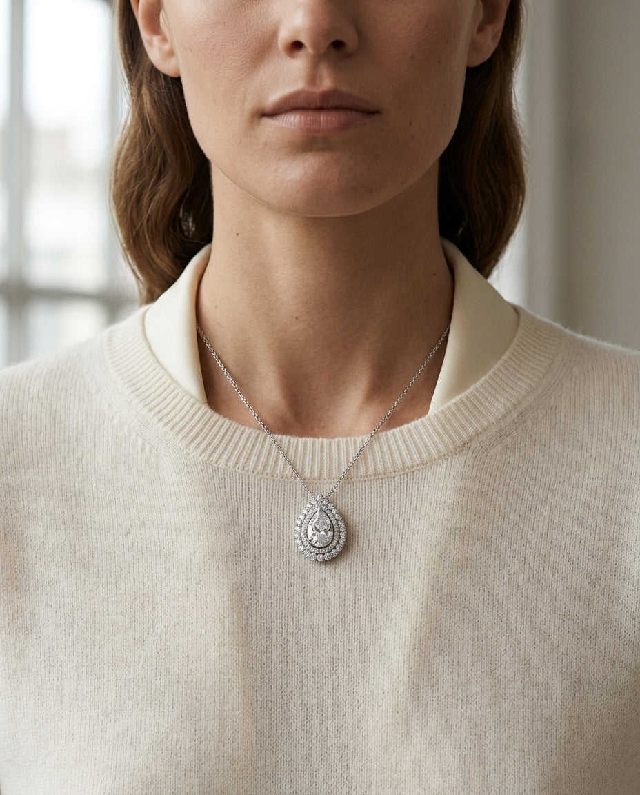 Diamond Open Pear Shape Millgrain Pendant 1/3ctw with Adjustable Chain 16-17-18 Inch in 14K White Gold - editorial hero