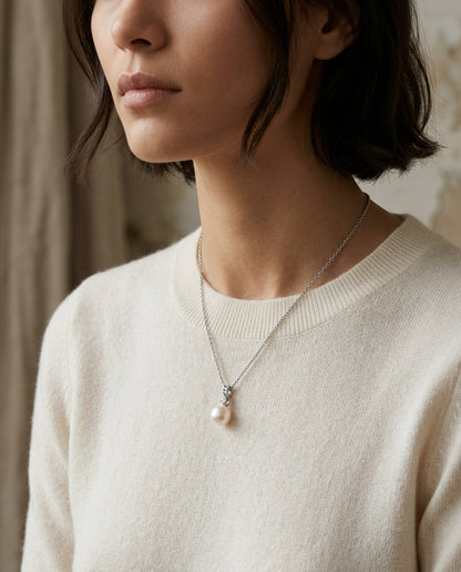 Freshwater White Pearl & Bezel Diamond Pendant 0.10ctw 16-18" Adj Cable Chain in 14K White Gold - editorial hero