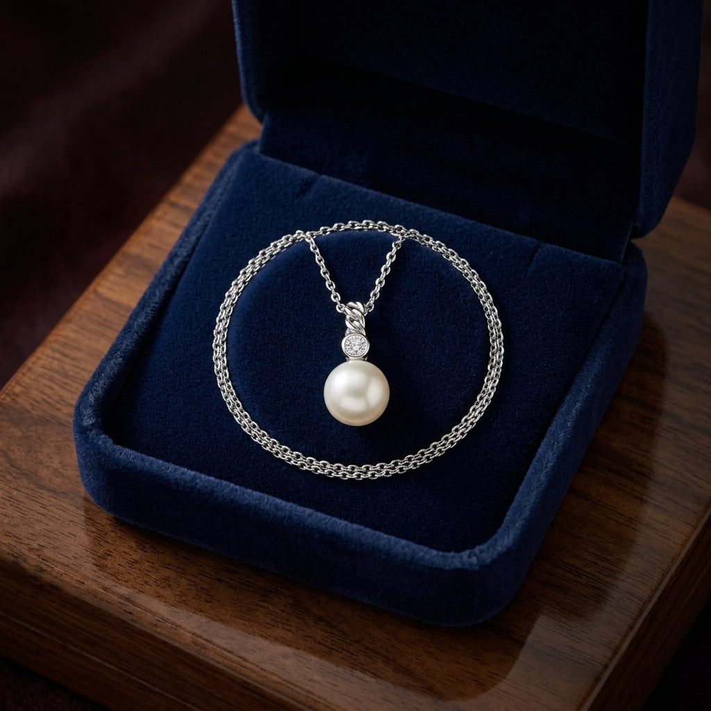 Freshwater White Pearl & Bezel Diamond Pendant 0.10ctw 16-18" Adj Cable Chain in 14K White Gold - presentation