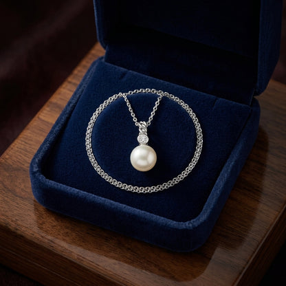 Freshwater White Pearl & Bezel Diamond Pendant 0.10ctw 16-18" Adj Cable Chain in 14K White Gold - presentation
