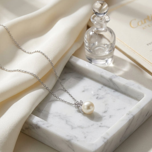 Freshwater Pearl & Diamond Leaf Pendant 16-18" Adjustable Cable Chain in 14K White Gold - editorial hero