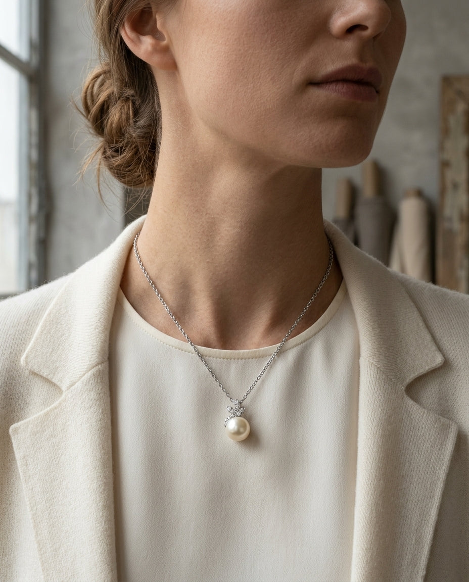 Freshwater Pearl & Diamond Leaf Pendant 16-18" Adjustable Cable Chain in 14K White Gold - lifestyle