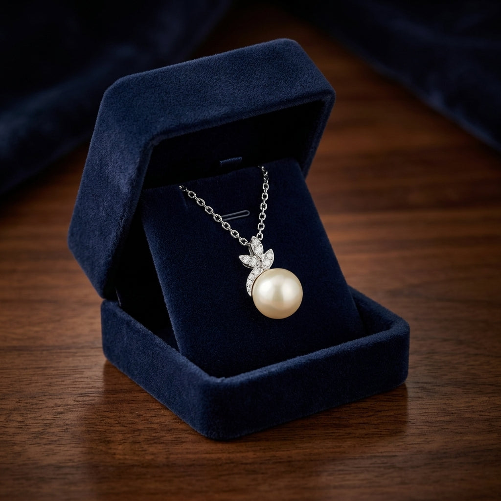 Freshwater Pearl & Diamond Leaf Pendant 16-18" Adjustable Cable Chain in 14K White Gold - presentation