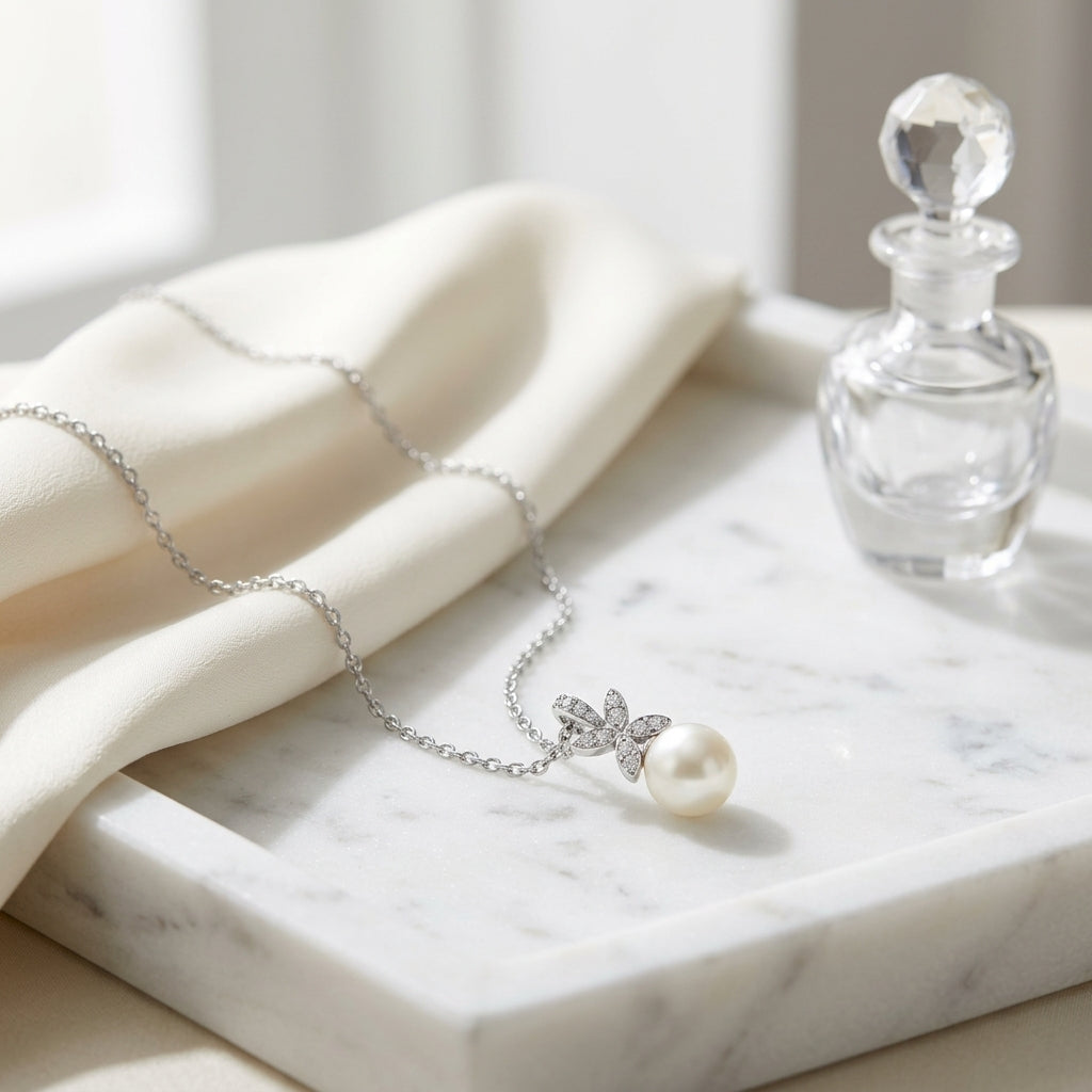 Freshwater Pearl & Diamond Four Leaf Pendant 16-18" Adjustable Cable Chain in 14K White Gold - lifestyle