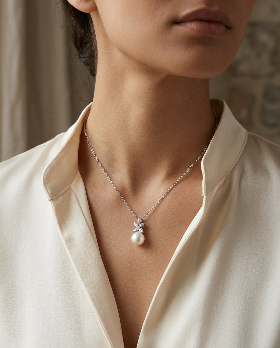 Freshwater Pearl & Diamond Four Leaf Pendant 16-18" Adjustable Cable Chain in 14K White Gold - editorial hero