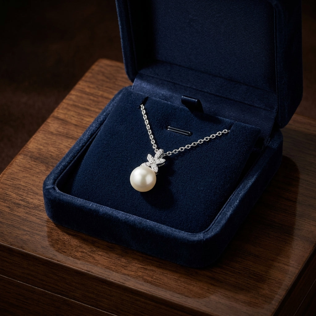 Freshwater Pearl & Diamond Four Leaf Pendant 16-18" Adjustable Cable Chain in 14K White Gold - presentation