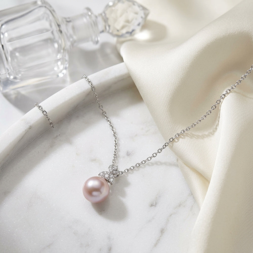 Freshwater Pink Pearl & Diamond Four Leaf Pendant 16-18" Adjustable Cable Chain in 14K White Gold - editorial hero