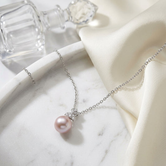 Freshwater Pink Pearl & Diamond Four Leaf Pendant 16-18" Adjustable Cable Chain in 14K White Gold - editorial hero