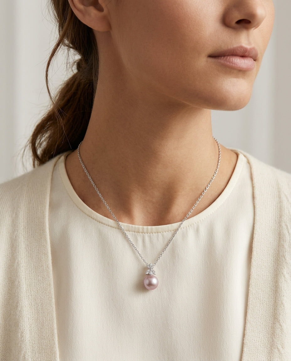 Freshwater Pink Pearl & Diamond Four Leaf Pendant 16-18" Adjustable Cable Chain in 14K White Gold - lifestyle