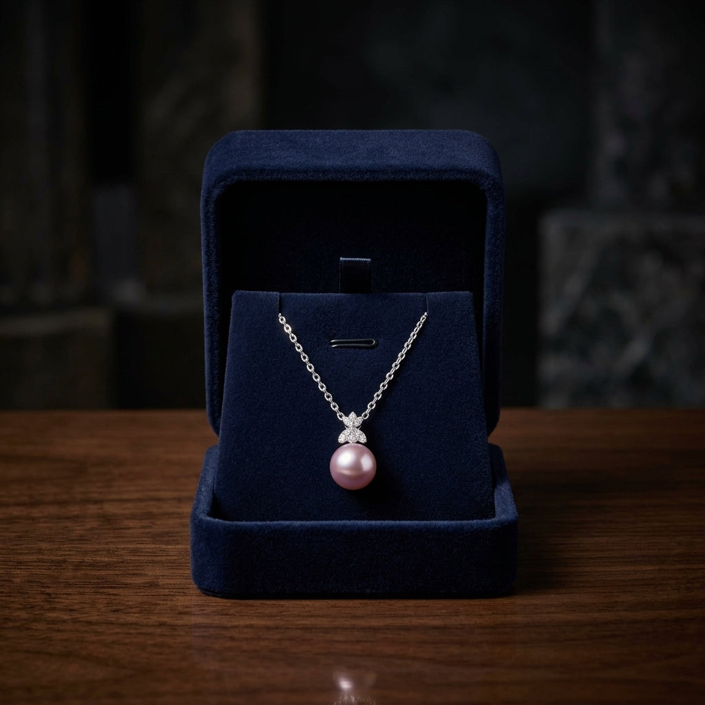 Freshwater Pink Pearl & Diamond Four Leaf Pendant 16-18" Adjustable Cable Chain in 14K White Gold - presentation