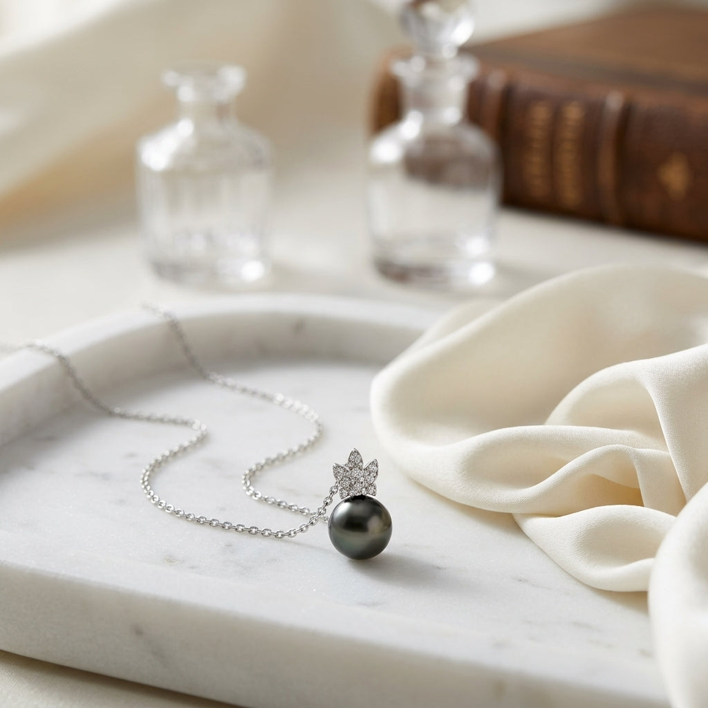 Tahitian Pearl & Diamond Crown Pendant 16-18" Adjustable Cable Chain in 14K White Gold - editorial hero