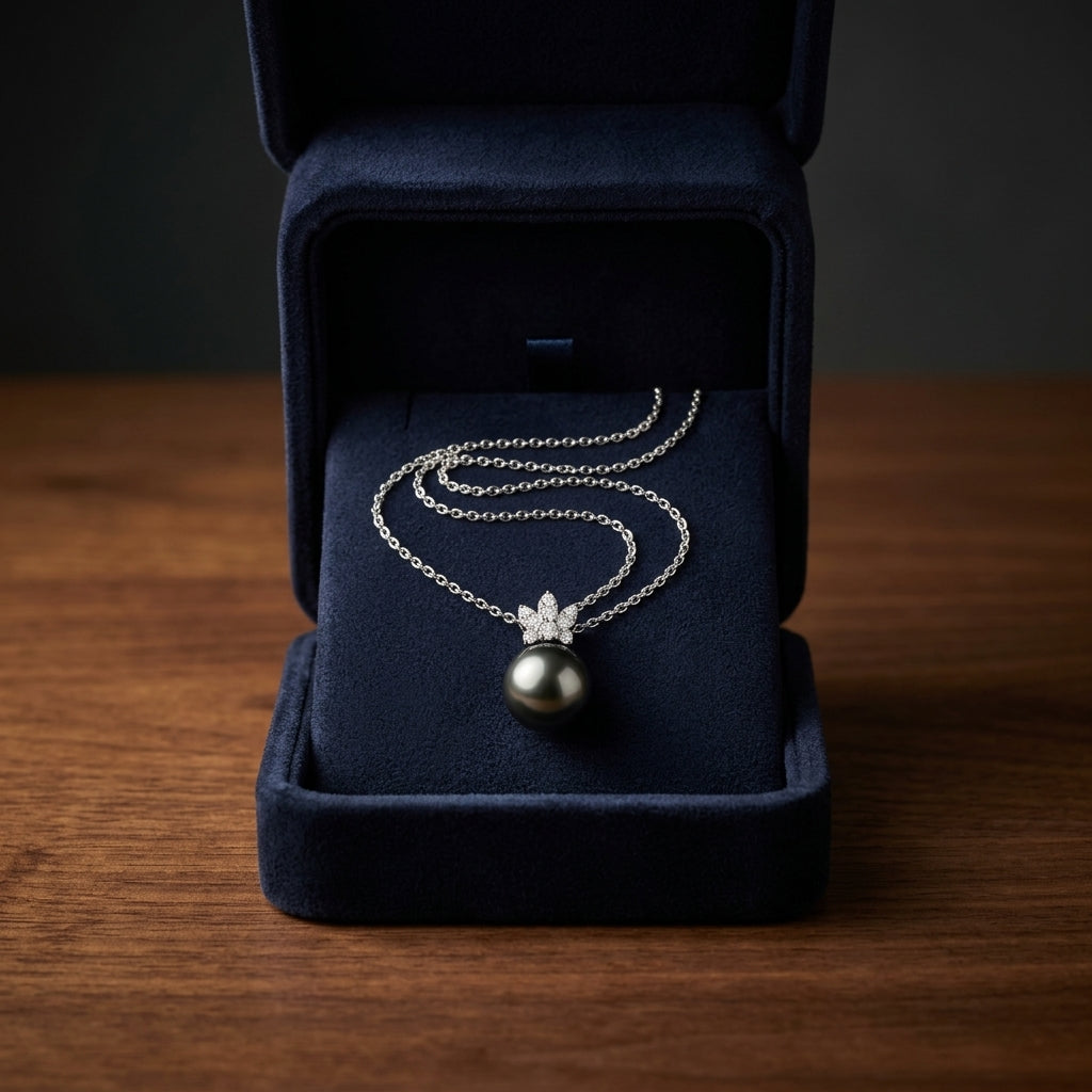 Tahitian Pearl & Diamond Crown Pendant 16-18" Adjustable Cable Chain in 14K White Gold - presentation
