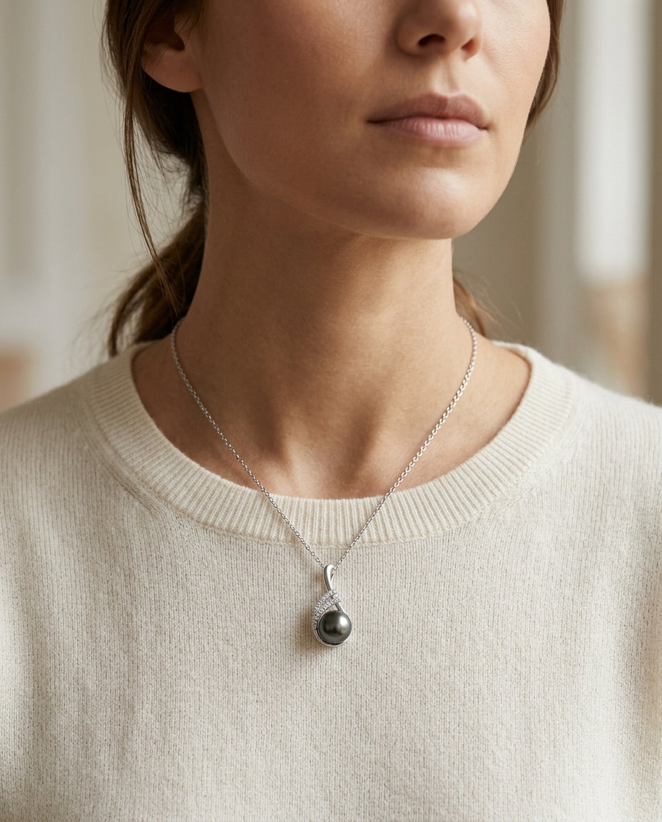Tahitian Pearl & Diamond Swirl Pendant 16-18" Adjustable Cable Chain in 14K White Gold - lifestyle