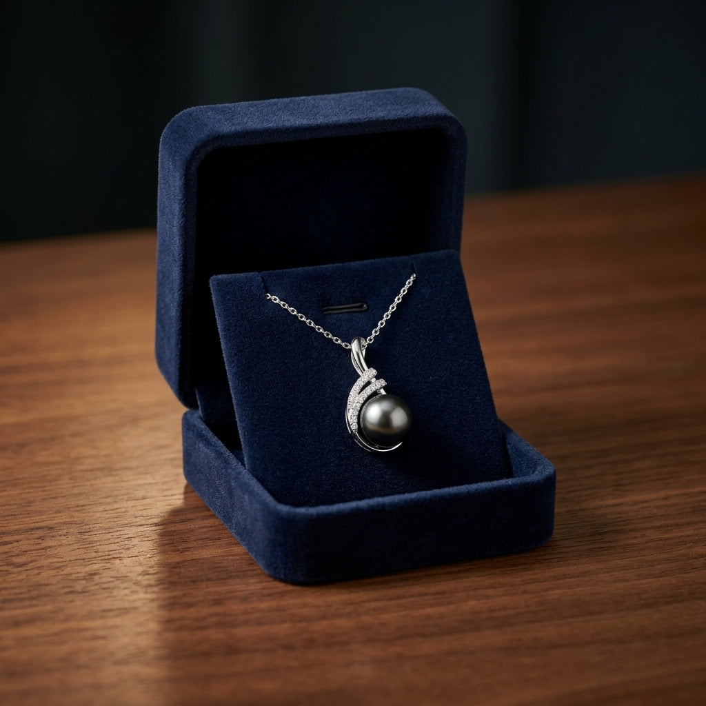Tahitian Pearl & Diamond Swirl Pendant 16-18" Adjustable Cable Chain in 14K White Gold - presentation