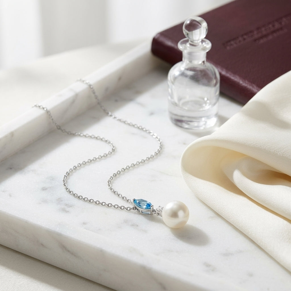 Freshwater Pearl Marquise Blue Topaz & Diamond Pendant 16-18in Adj Chain in 14K White Gold - editorial hero