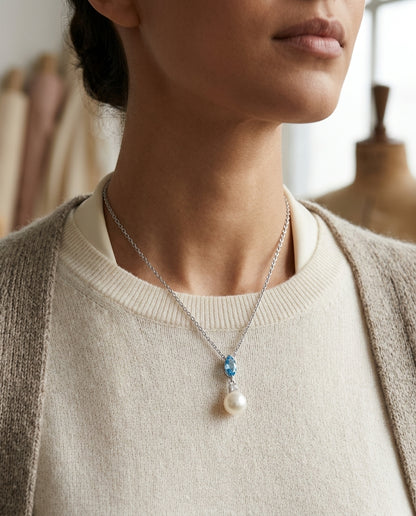 Freshwater Pearl Marquise Blue Topaz & Diamond Pendant 16-18in Adj Chain in 14K White Gold - lifestyle