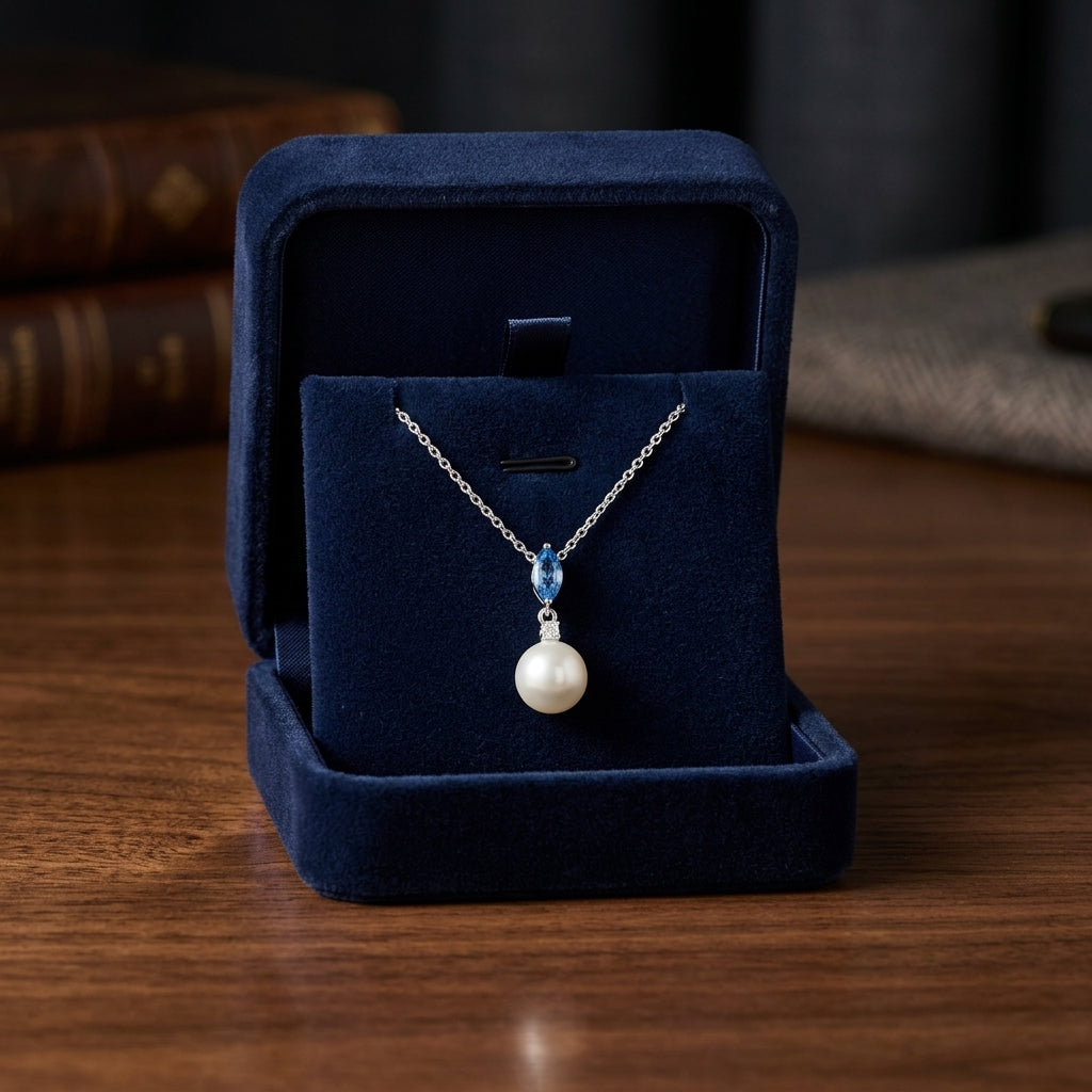 Freshwater Pearl Marquise Blue Topaz & Diamond Pendant 16-18in Adj Chain in 14K White Gold - presentation
