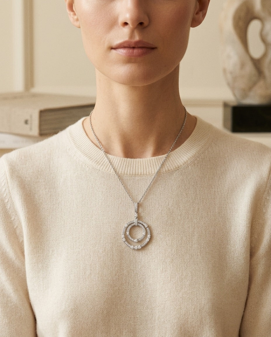 Diamond Circle in Circle Pendant in 14k White Gold 1/2ctw 16-17-18 Inch Adjustable Chain — portrait close