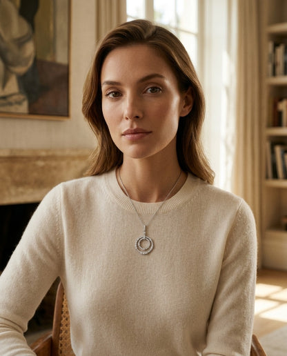 Diamond Circle in Circle Pendant in 14k White Gold 1/2ctw 16-17-18 Inch Adjustable Chain — portrait full