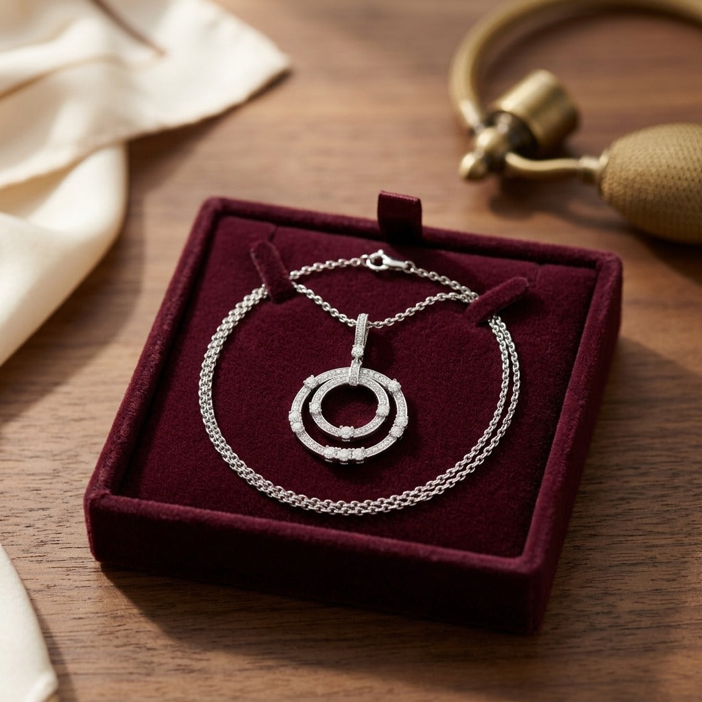 Diamond Circle in Circle Pendant in 14k White Gold 1/2ctw 16-17-18 Inch Adjustable Chain — velvet box