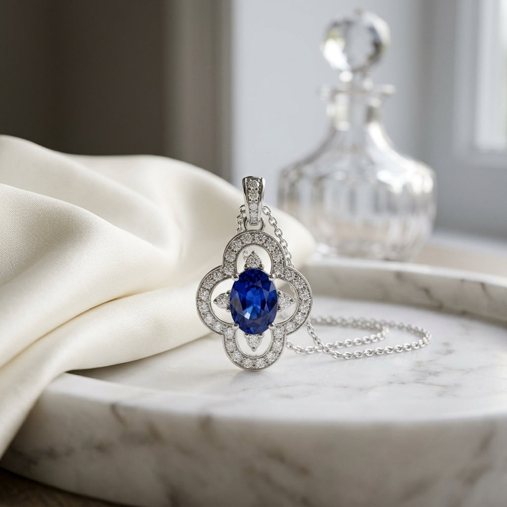 Sapphire & Diamond Oval Floral Pendant 1/7ctw 18-in Adj Rolo Ch in 14K White Gold - lifestyle