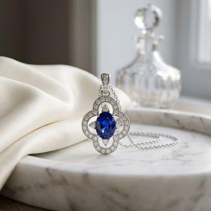 Sapphire & Diamond Oval Floral Pendant 1/7ctw 18-in Adj Rolo Ch in 14K White Gold - lifestyle