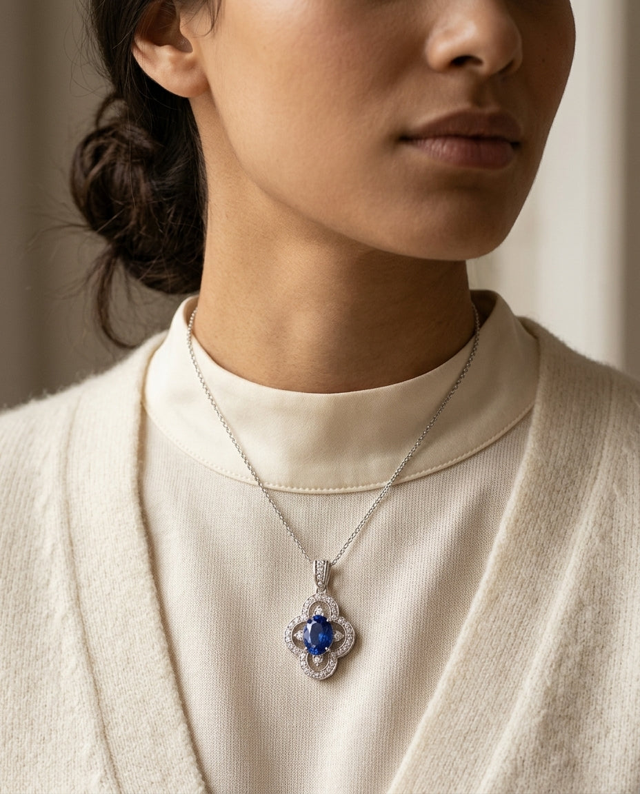Sapphire & Diamond Oval Floral Pendant 1/7ctw 18-in Adj Rolo Ch in 14K White Gold - editorial hero
