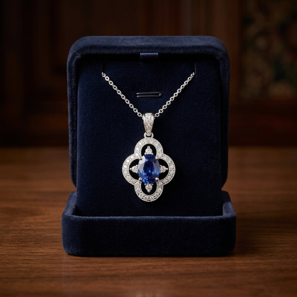 Sapphire & Diamond Oval Floral Pendant 1/7ctw 18-in Adj Rolo Ch in 14K White Gold - presentation