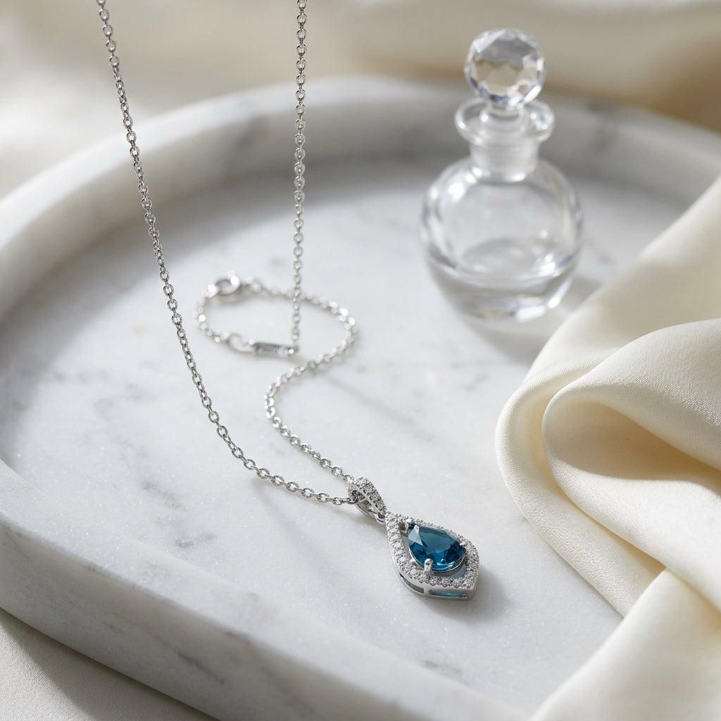 London Blue Topaz and Diamond Kite Shape Pendant in 14k White Gold 1/5ctw — atelier still life