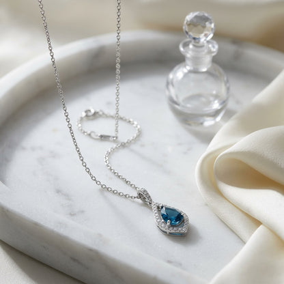 London Blue Topaz and Diamond Kite Shape Pendant in 14k White Gold 1/5ctw — atelier still life