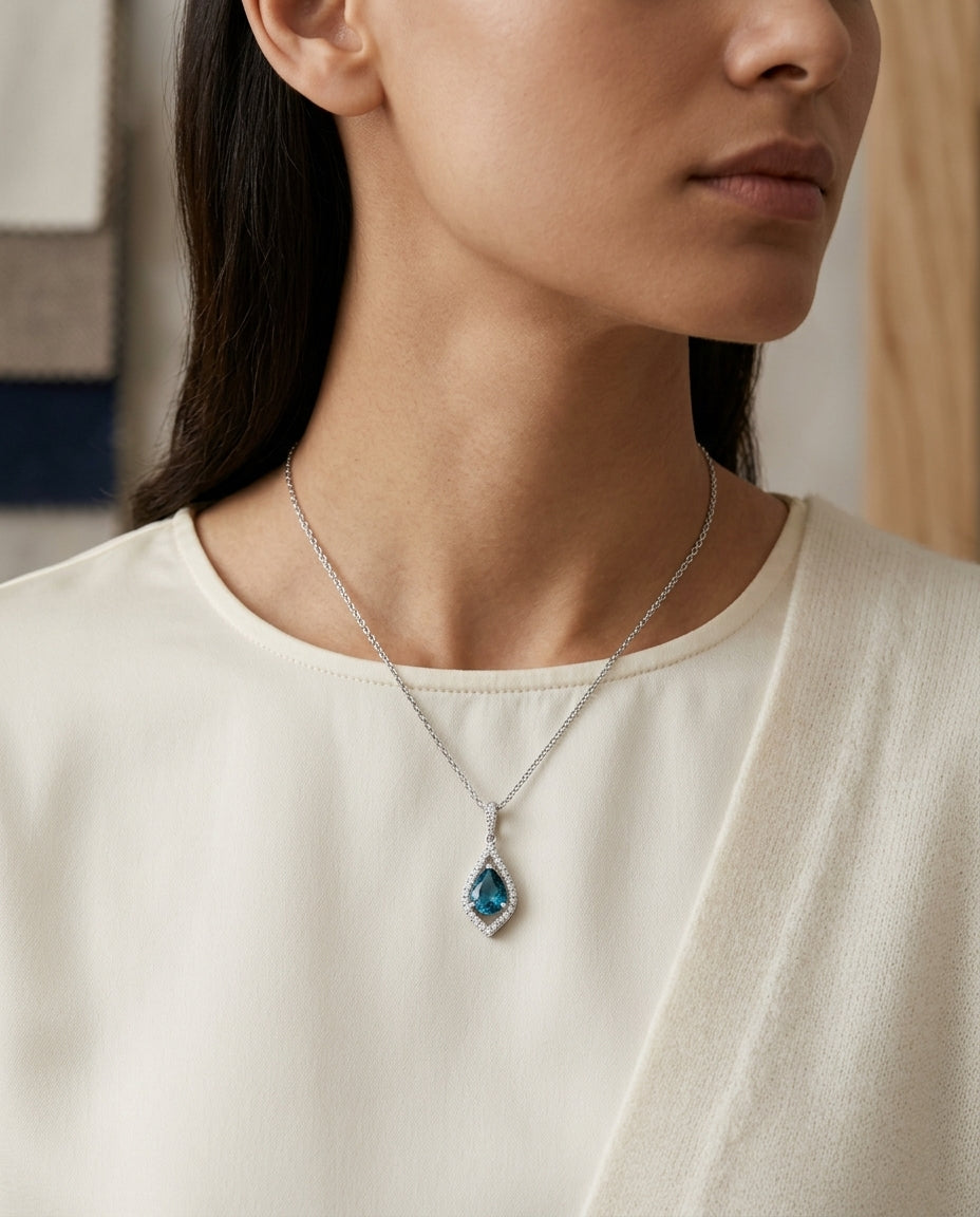 London Blue Topaz and Diamond Kite Shape Pendant in 14k White Gold 1/5ctw — editorial close-up
