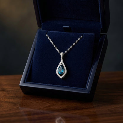 London Blue Topaz and Diamond Kite Shape Pendant in 14k White Gold 1/5ctw — gift presentation