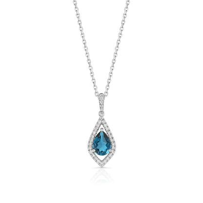 London Blue Topaz and Diamond Kite Shape Pendant in 14k White Gold 1/5ctw