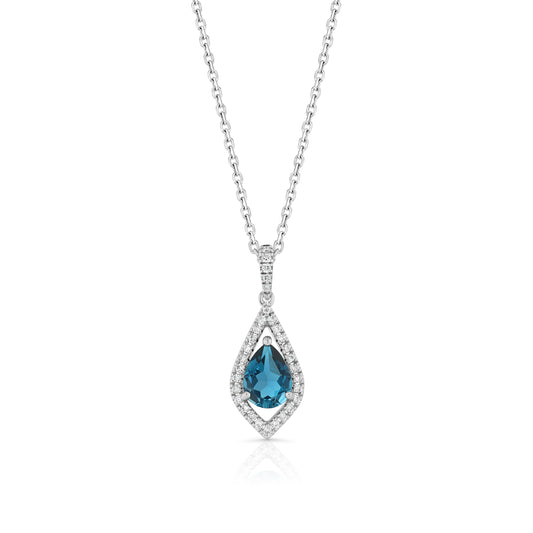 London Blue Topaz and Diamond Kite Shape Pendant in 14k White Gold 1/5ctw