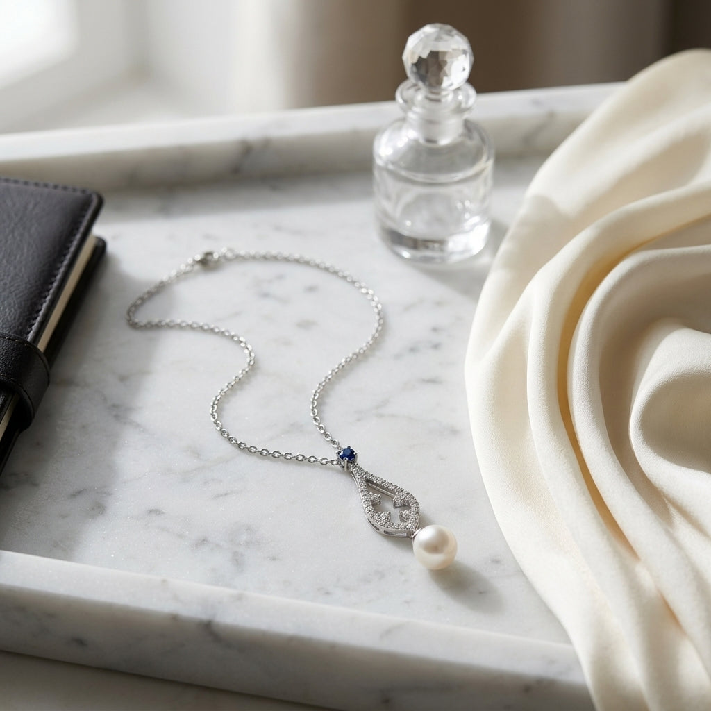Akoya Pearl Sapphire & Diamond Drop Pendant 1/5ctw 18-in Adj Cable Ch in 14K White Gold - lifestyle