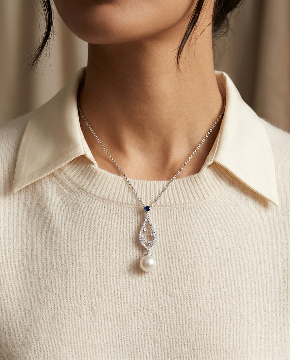 Akoya Pearl Sapphire & Diamond Drop Pendant 1/5ctw 18-in Adj Cable Ch in 14K White Gold - editorial hero