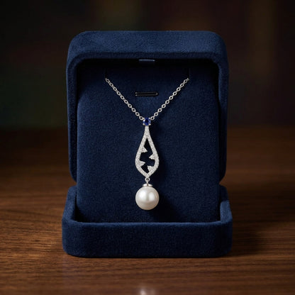 Akoya Pearl Sapphire & Diamond Drop Pendant 1/5ctw 18-in Adj Cable Ch in 14K White Gold - presentation