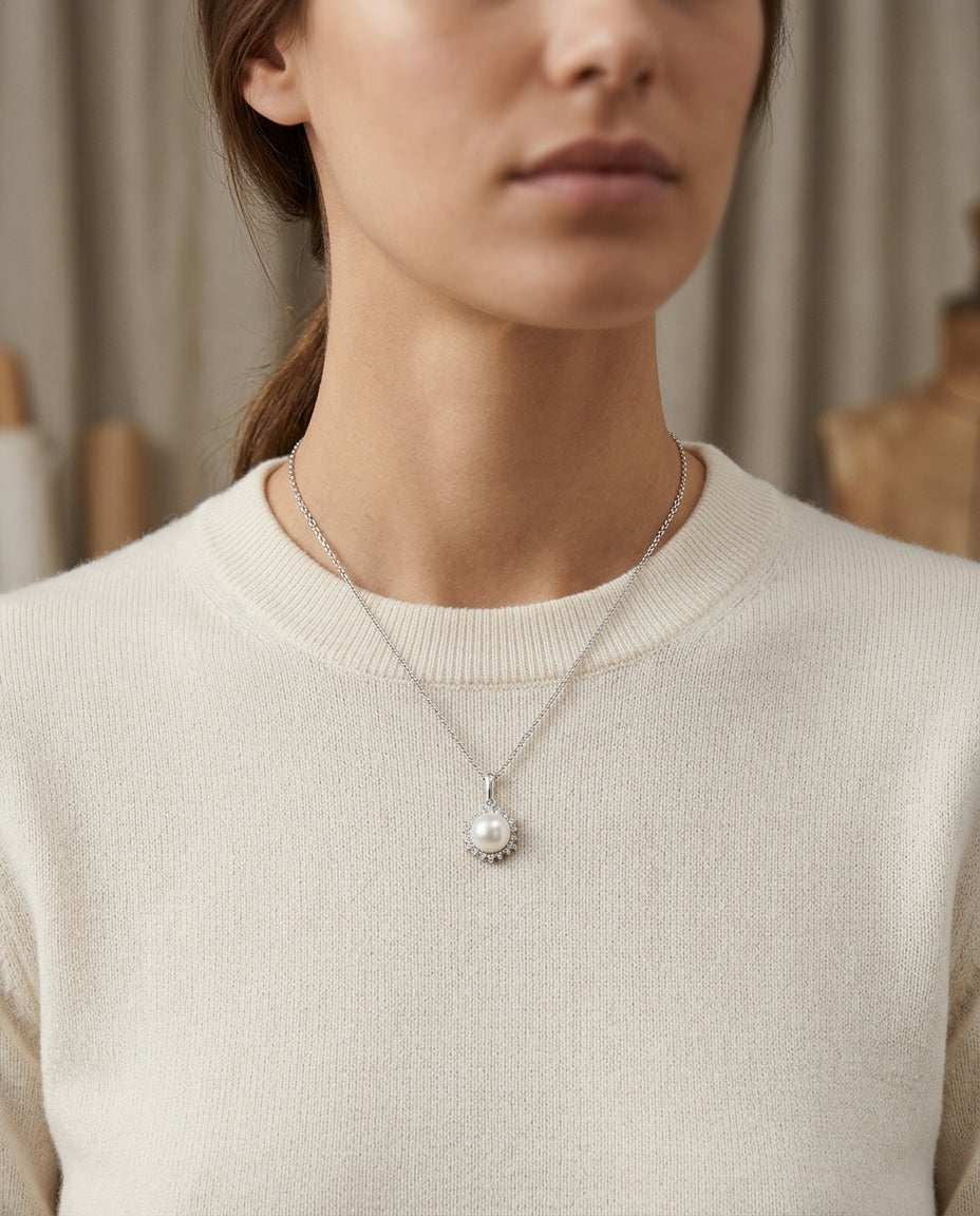 Akoya Pearl & Diamond Circle Pendant 1/5ctw 18-in Adj Rolo Chain in 14K White Gold - editorial hero