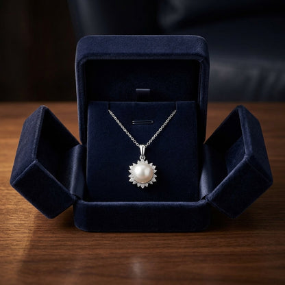 Akoya Pearl & Diamond Circle Pendant 1/5ctw 18-in Adj Rolo Chain in 14K White Gold - presentation