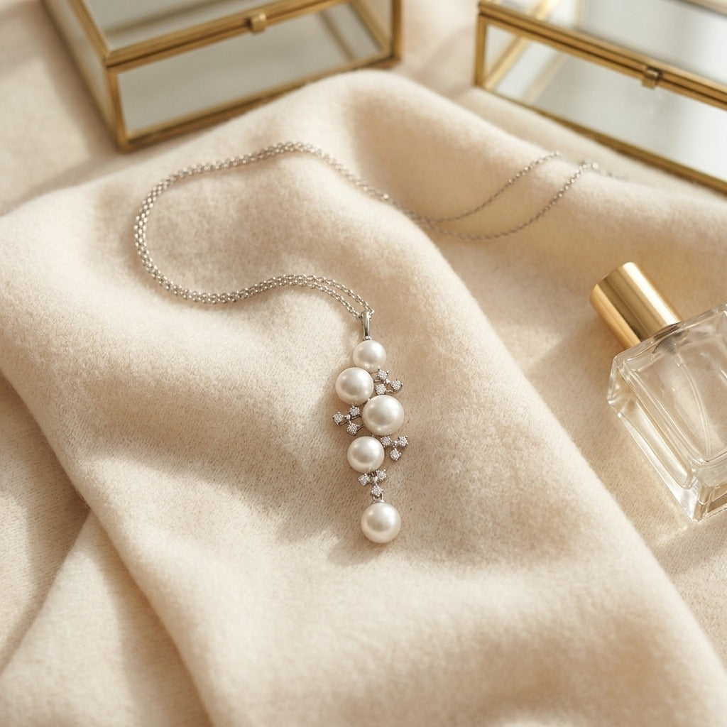 Freshwater Pearl and Diamond Pendant in 14k White Gold 0.15ctw — textile flat lay