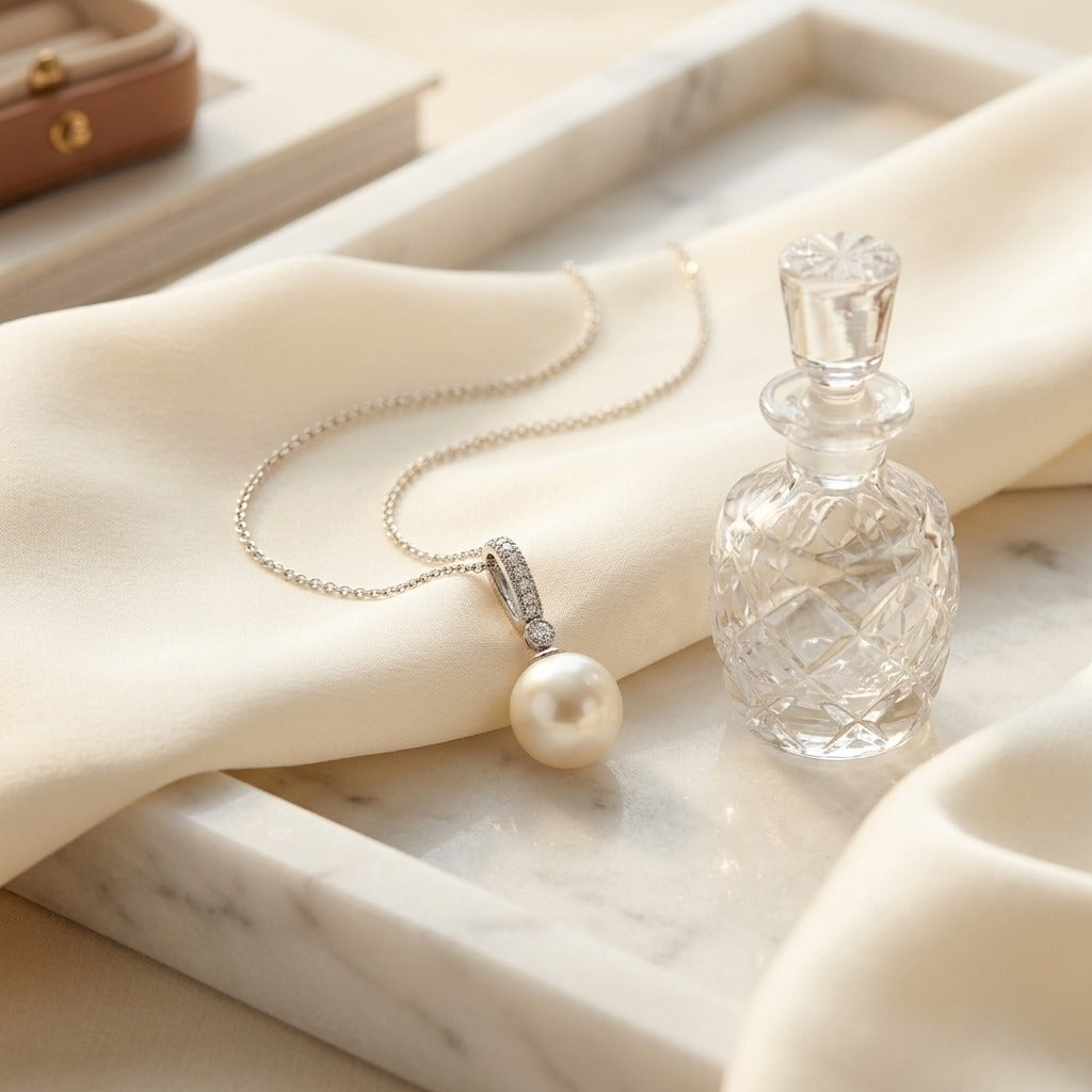 Akoya Pearl and Diamond Pendant 14k White Gold 0.06ctw 18 Inch Box Chain — marble silk