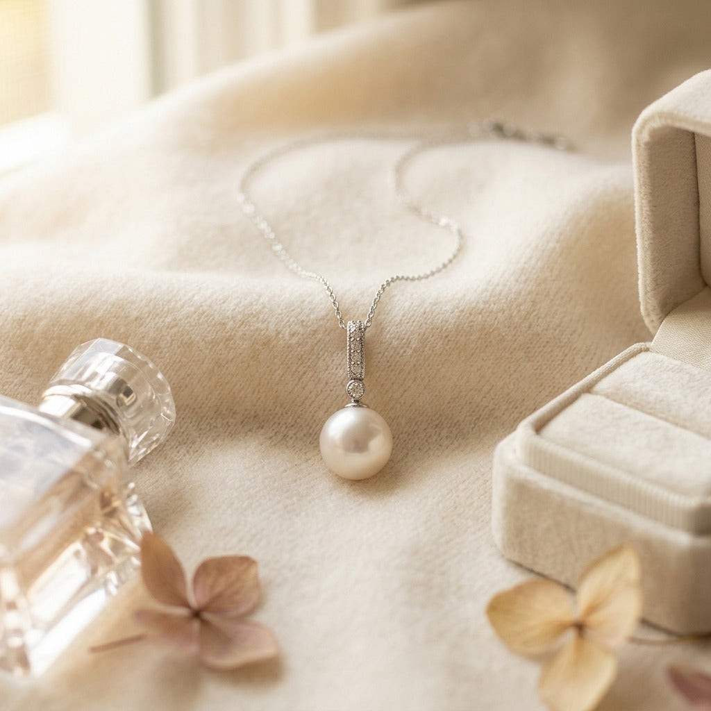 Akoya Pearl and Diamond Pendant 14k White Gold 0.06ctw 18 Inch Box Chain — textile flat lay