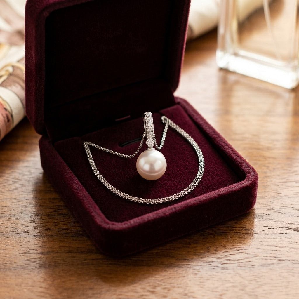 Akoya Pearl and Diamond Pendant 14k White Gold 0.06ctw 18 Inch Box Chain — velvet box