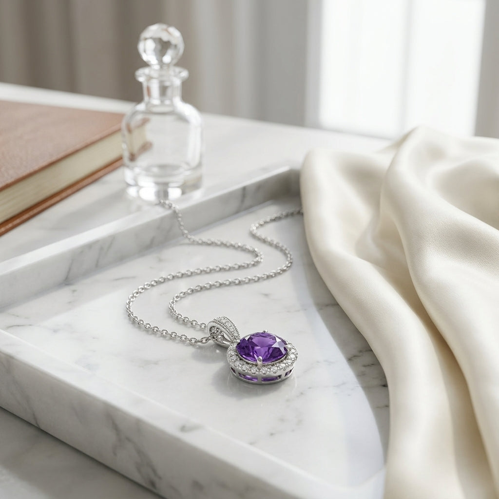 Amethyst & Diamond Round Halo Pendant 1/6ctw Adjustable 16-18 Inch Chain in 14K White Gold - lifestyle