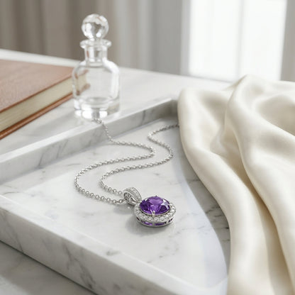 Amethyst & Diamond Round Halo Pendant 1/6ctw Adjustable 16-18 Inch Chain in 14K White Gold - lifestyle
